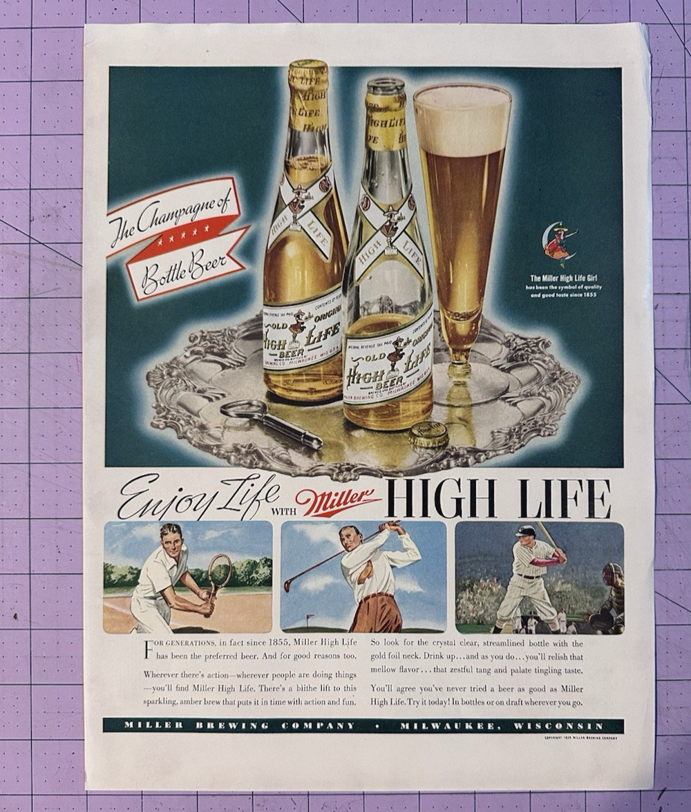 VTG 1939 Orig Magazine Ad Miller High Life Beer Enjoy Life Tennis Golf Baseball